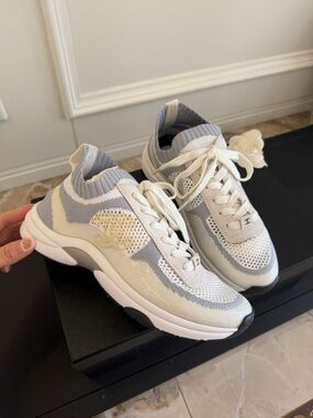 Authentic CHANEL Cream, White & Light Gray Knit Sock-Style Sneakers